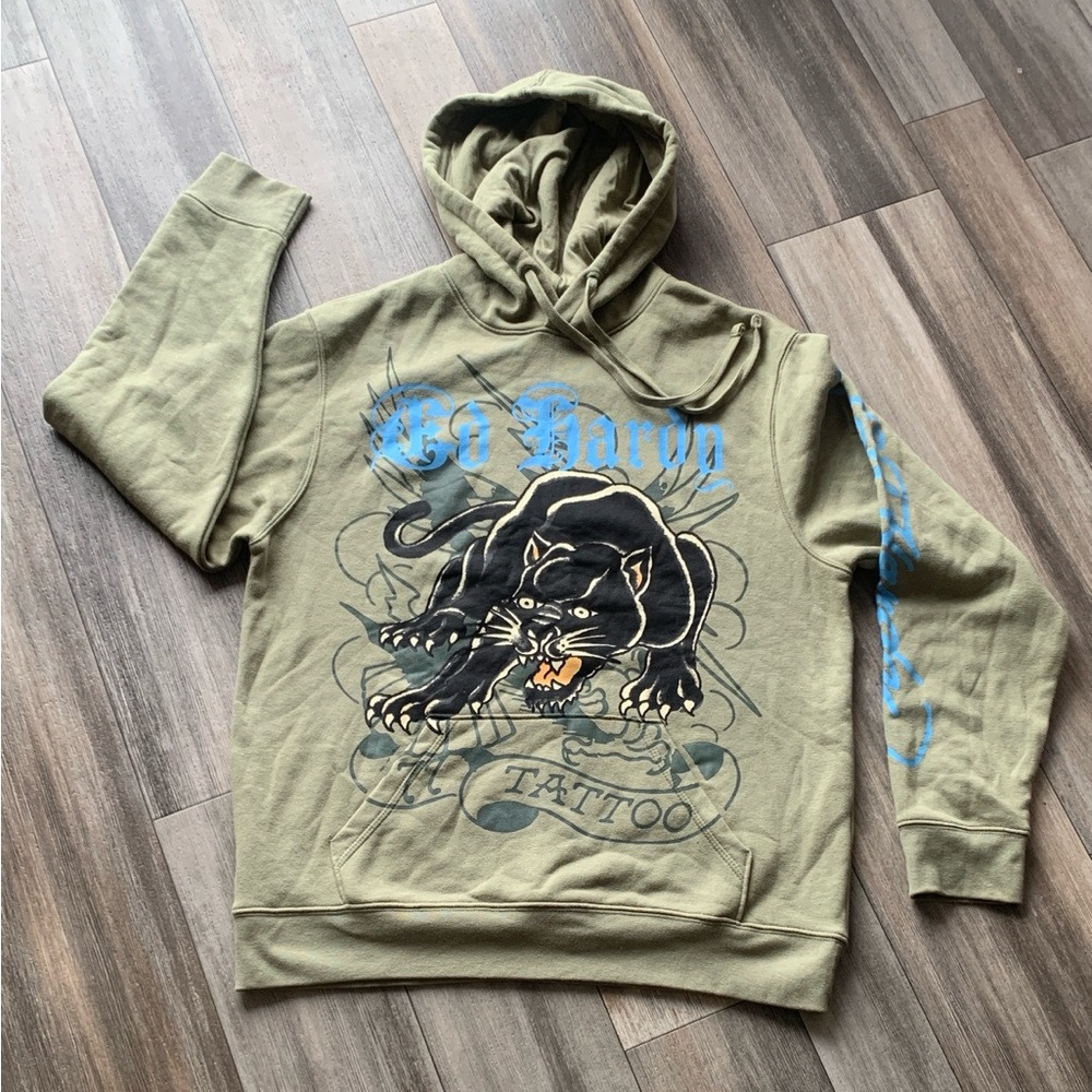 Ed Hardy Olive Green Panther Graphic Hoodie with Blue Script